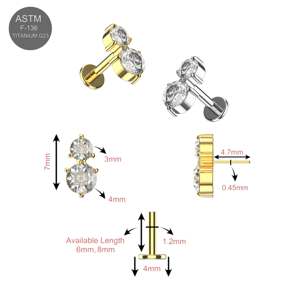 Detailed dimensions of G23 Titanium Double Oval CZ Threadless Flatback Stud in gold and silver, showing size, length, and stone measurements.