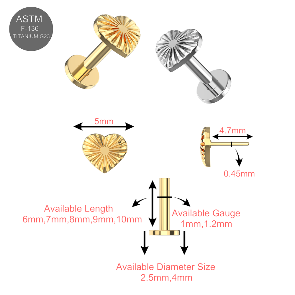 G23 Titanium Stripe Heart Thread-less Push-Fit With Flatback Stud - Monster Piercing