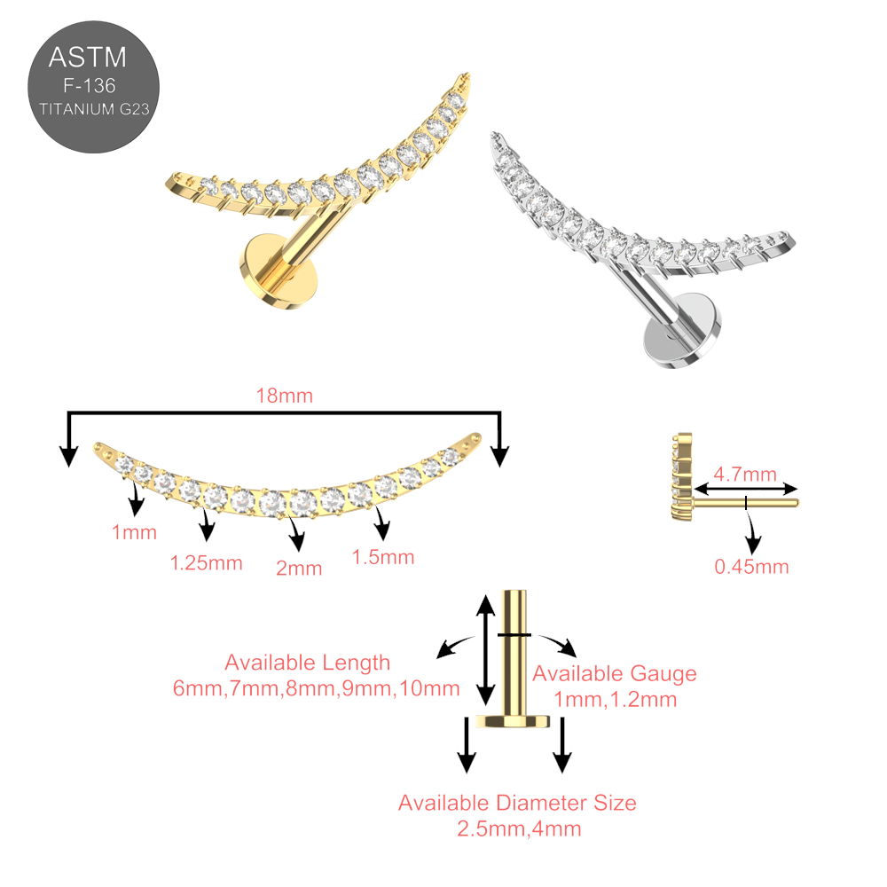 G23 Titanium CZ Jewelled Curved Thread-less Push-Fit With Flatback - Monster Piercing