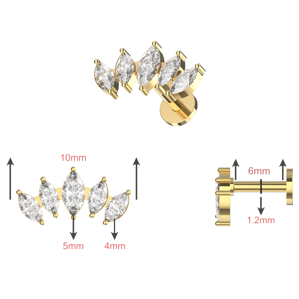 316L Surgical Steel Marquise CZ Jewelled Internally Threaded Flatback Stud - Monster Piercing