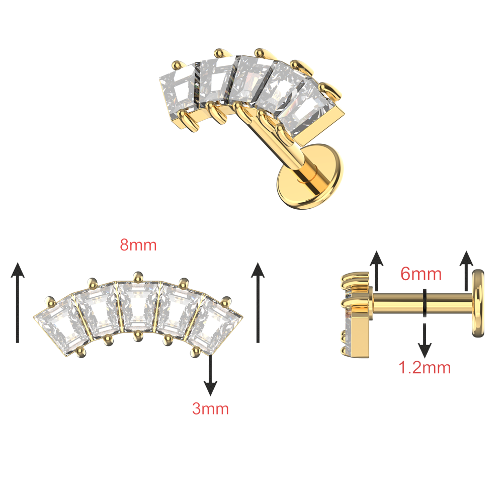 316L Surgical Steel Baguette CZ Jewelled Internally Threaded Flat-Back Stud - Monster Piercing
