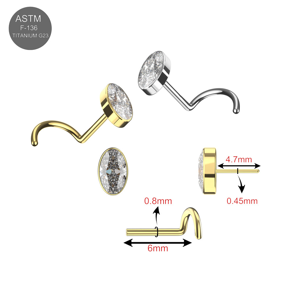 Detailed view of G23 Titanium Oval CZ Jewelled Threadless Nose Screws in silver and gold with measurements, showcasing premium piercing jewelry design.