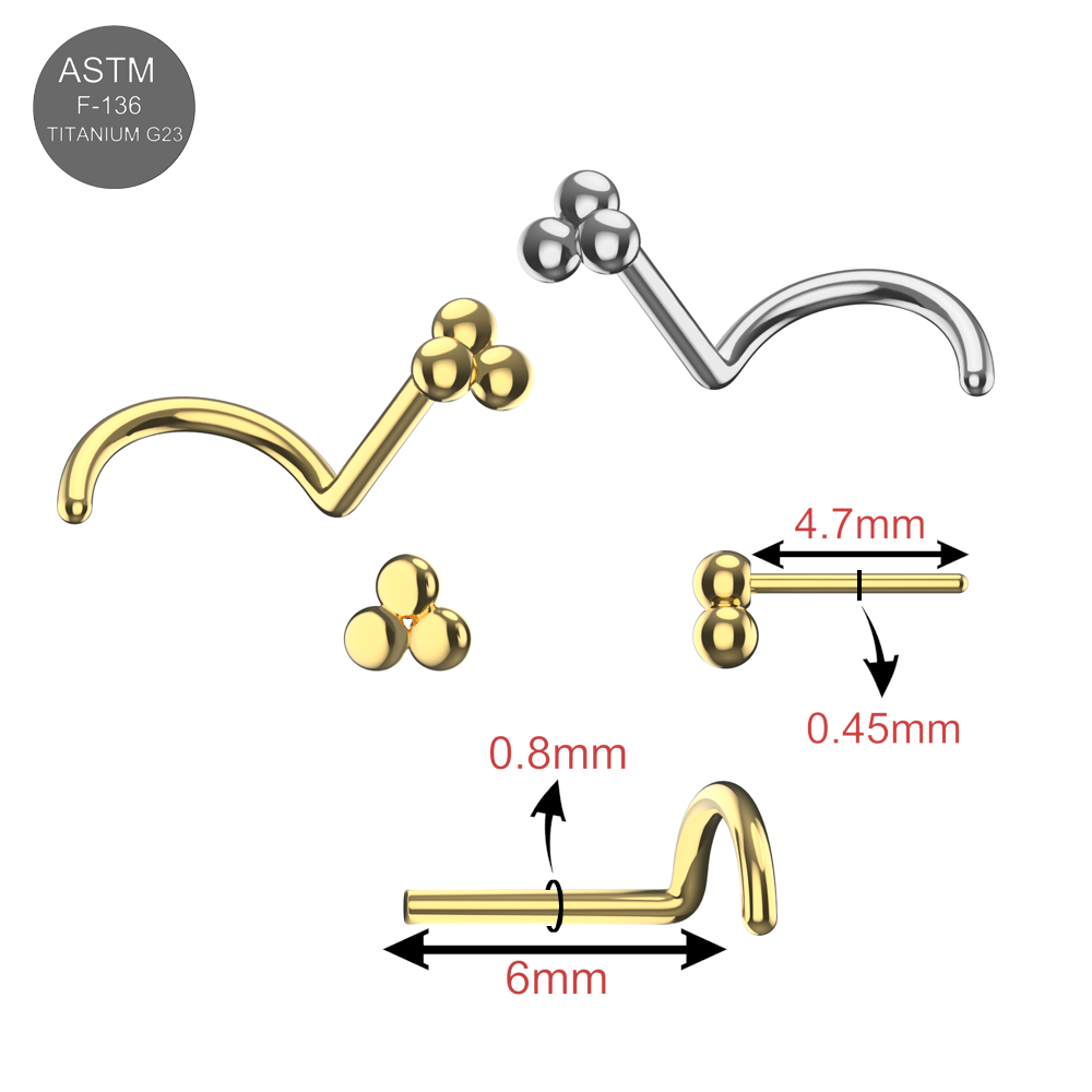Detailed view of G23 Titanium Tri Ball Threadless Nose Screw in gold and silver with measurements, perfect for jewelry holders and care.