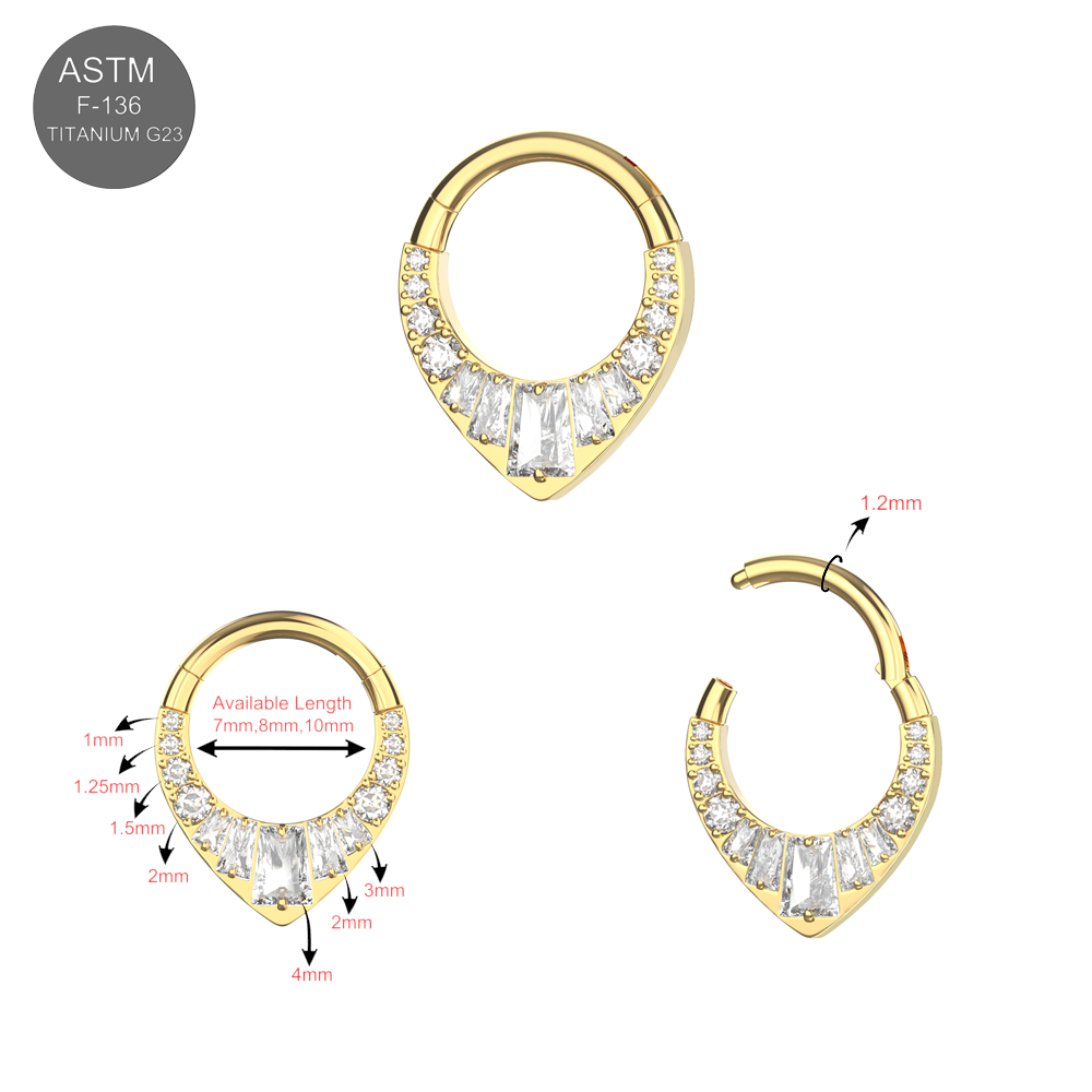 G23 Titanium Teardrop Cubic Zirconia Studded Flat Hinged Segment Clicker Ring - Monster Piercing