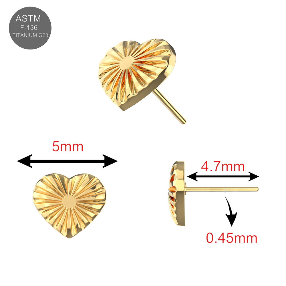 G23 Titanium Striped Heart Threadless Pin Plain Gold