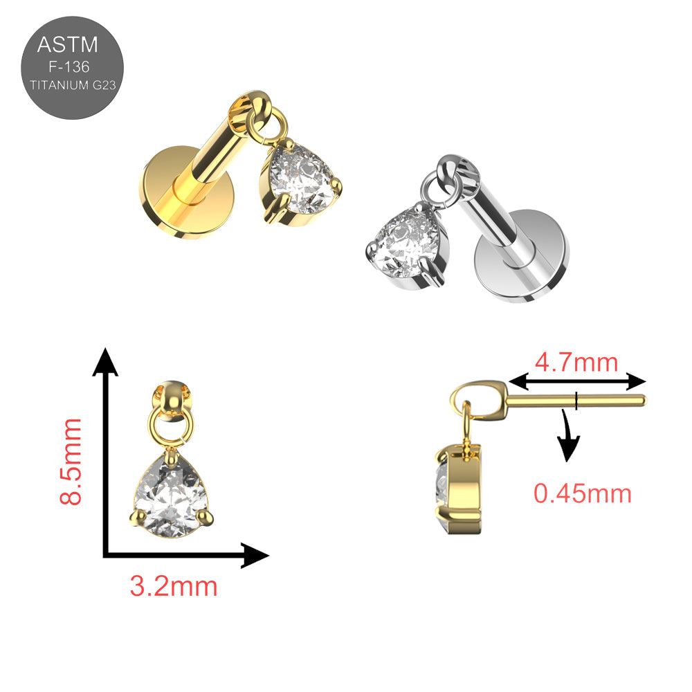 Tri-Cut Crystal Drop Threadless Tops in gold and silver G23 Titanium with size dimensions. ASTM F-136 certified for body jewelry use.