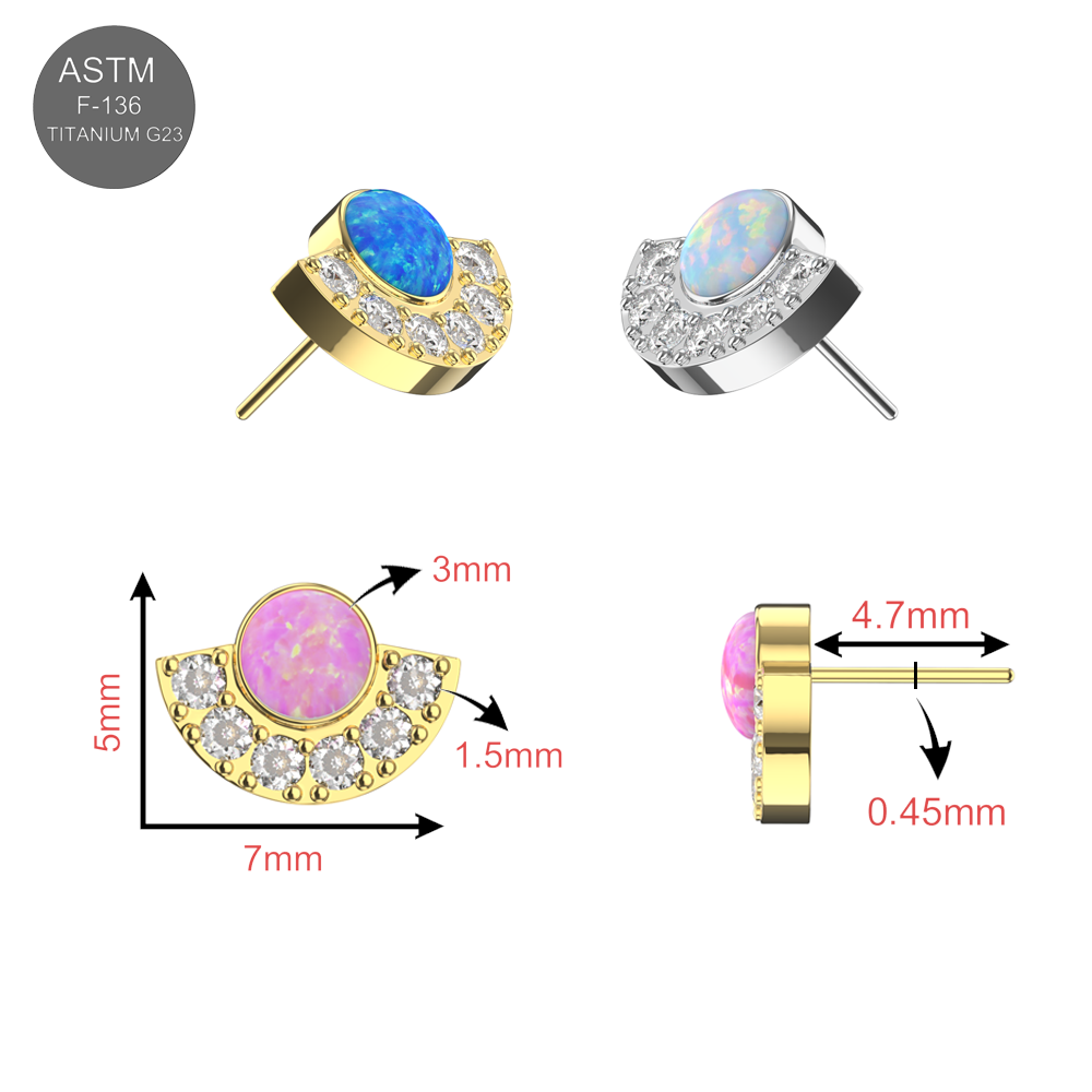 Detailed size chart of G23 Titanium Crescent Opal & CZ Threadless Top showing dimensions and color options for precise jewelry selection.
