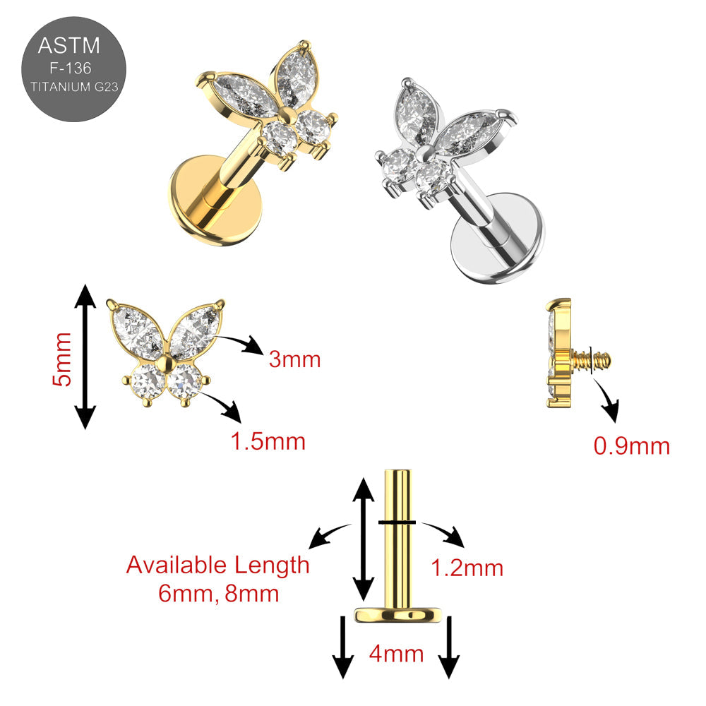 G23 Titanium Butterfly CZ Top With Internal Thread Base Labret - Monster Piercing