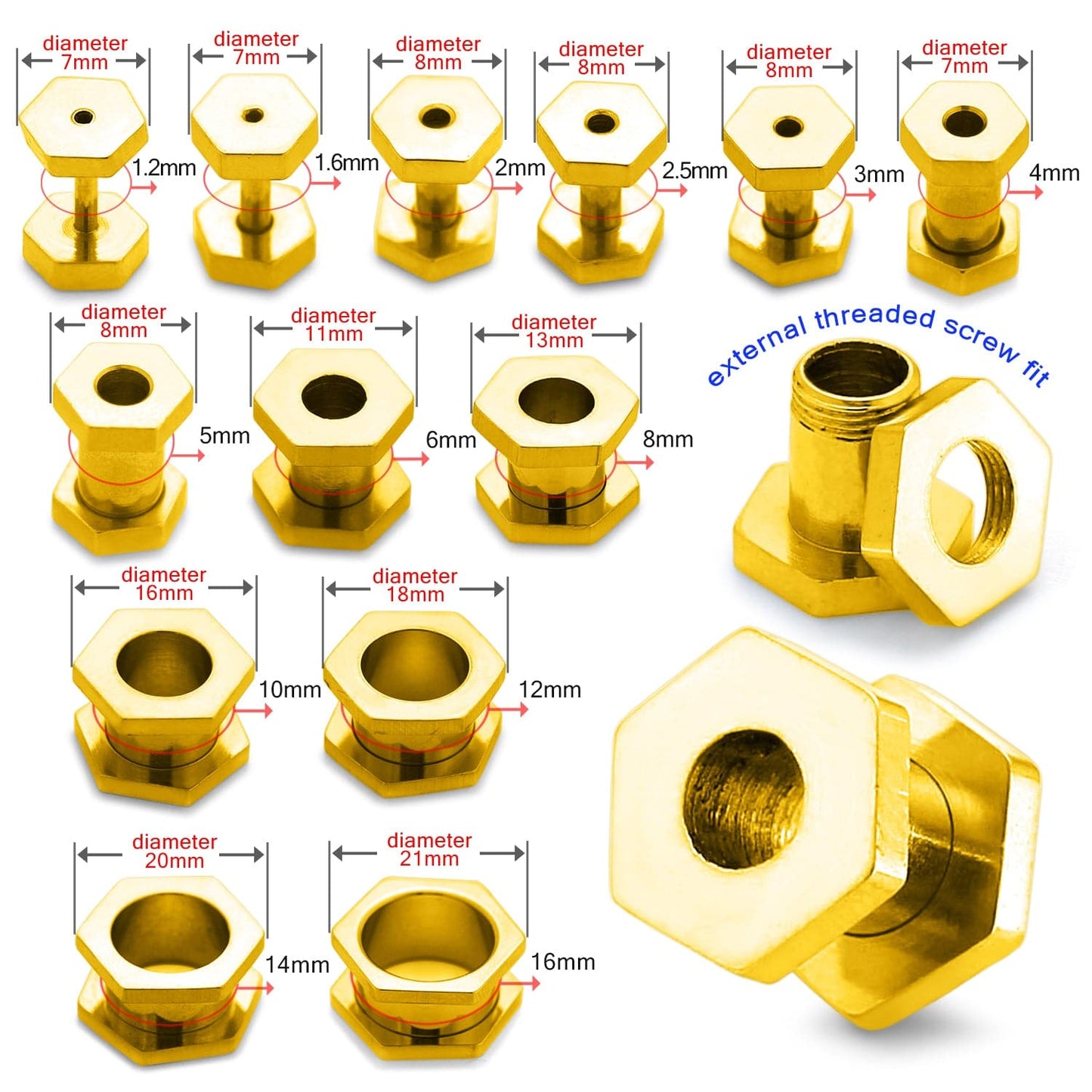 316L Surgical Steel Gold Hexagon External Threaded Tunnel - Monster Piercing