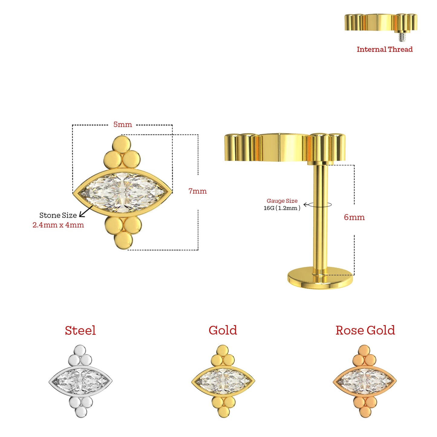 316L Surgical Steel Flat Marquise CZ Jewelled Flatback Stud - Monster Piercing