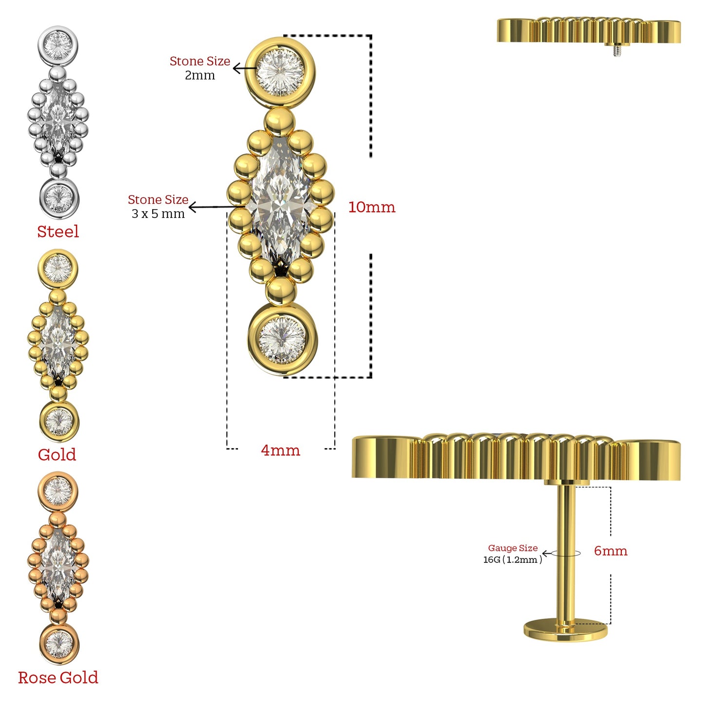 316L Surgical Steel Scalloped Marquise CZ Jewelled Flatback Stud - Monster Piercing