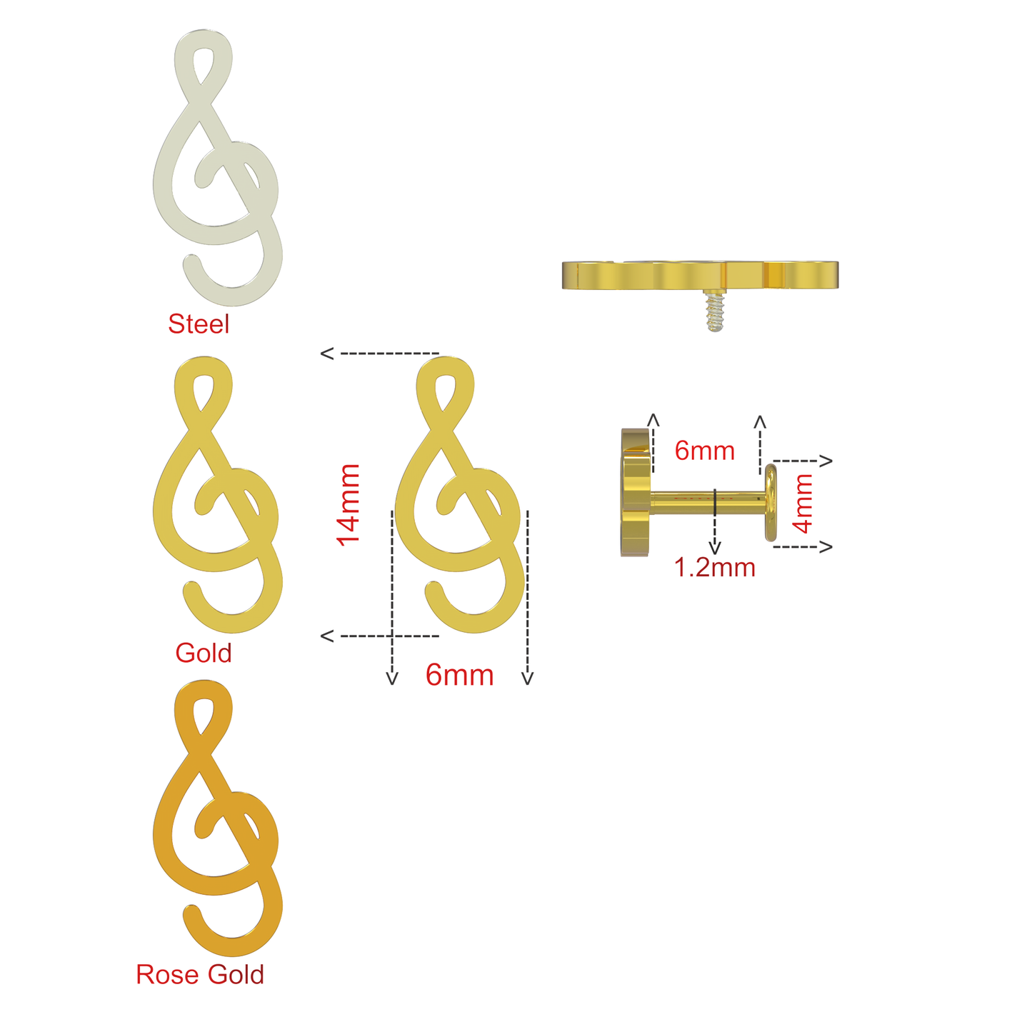 316L Surgical Steel Treble Clef Internally Threaded Flat-Back Stud - Monster Piercing