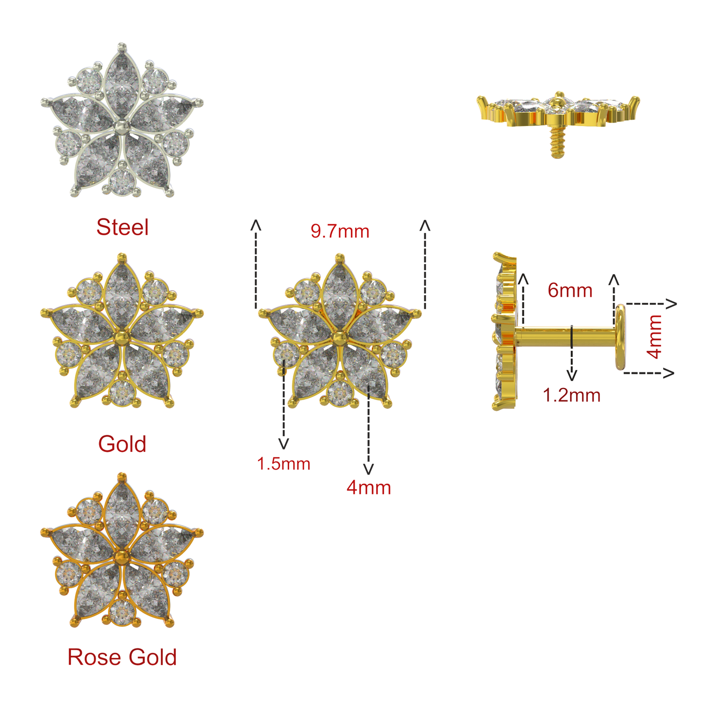 316L Surgical Steel Floral Flakes CZ Jewelled Internally Threaded Flatback Stud - Monster Piercing