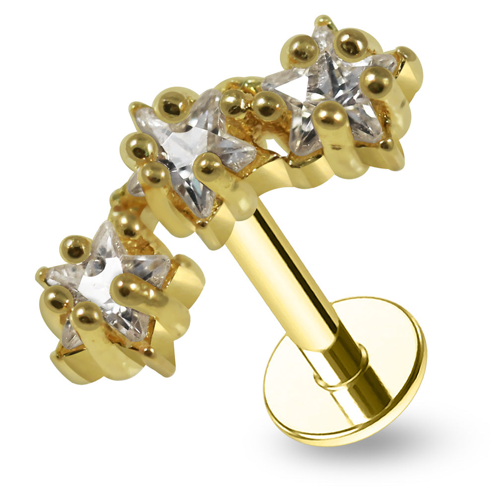 316L Surgical Steel Triple Star CZ Jewelled Flatback Stud - Monster Piercing