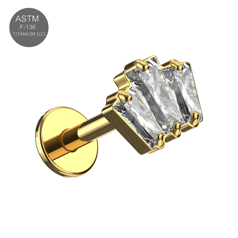 G23 Titanium Triple CZ Baguette Jewelled Internally Threaded Flatback Stud - Monster Piercing