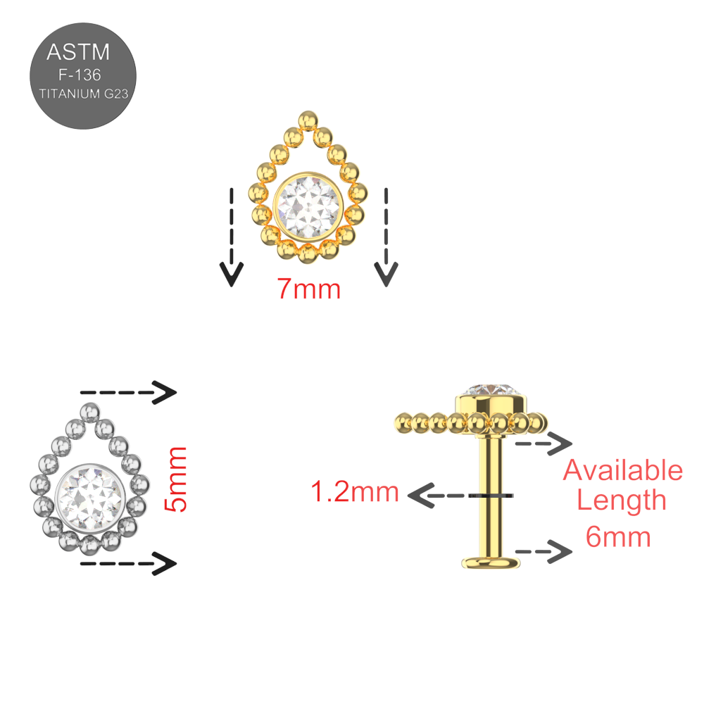 G23 Titanium Bezel Set CZ with Tear Shaped Internally Threaded Flat-Back Stud - Monster Piercing