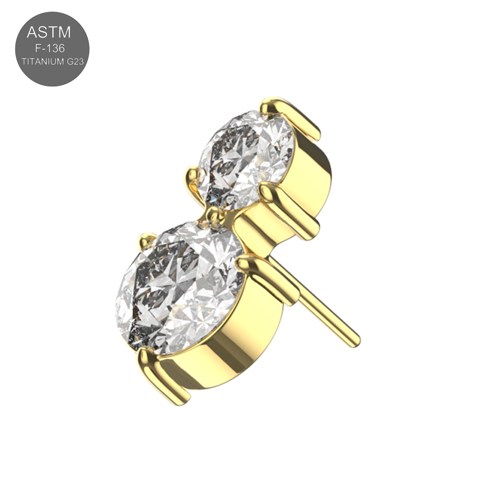 Gold G23 Titanium Double Oval CZ Jewelled Threadless Top with two sparkling CZ stones, crafted for hypoallergenic body jewelry wear.