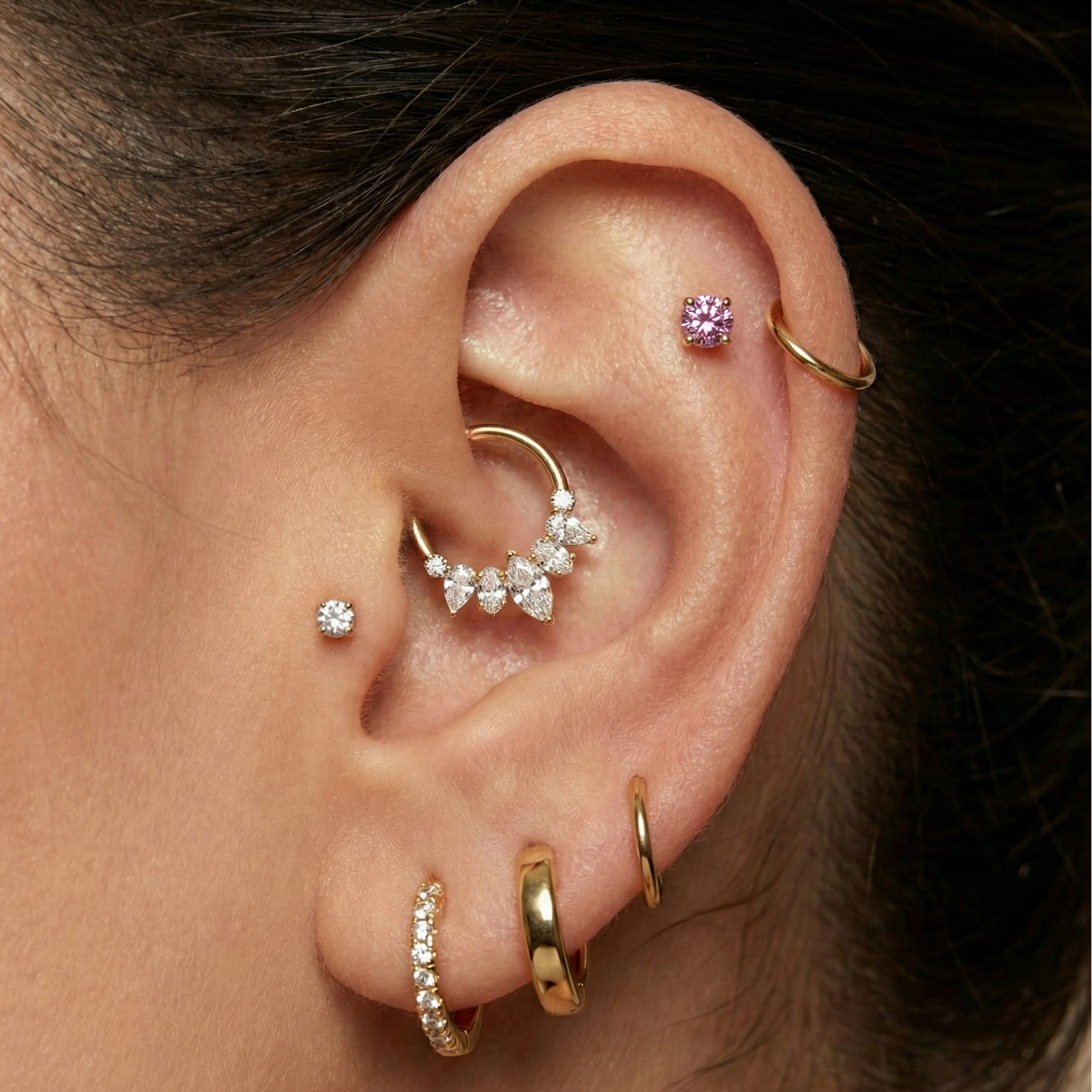 Classic 14K Gold Pink Lab Grown Diamond Internal Thread Stud worn on upper ear cartilage, paired with multiple gold and diamond earrings for a curated look.