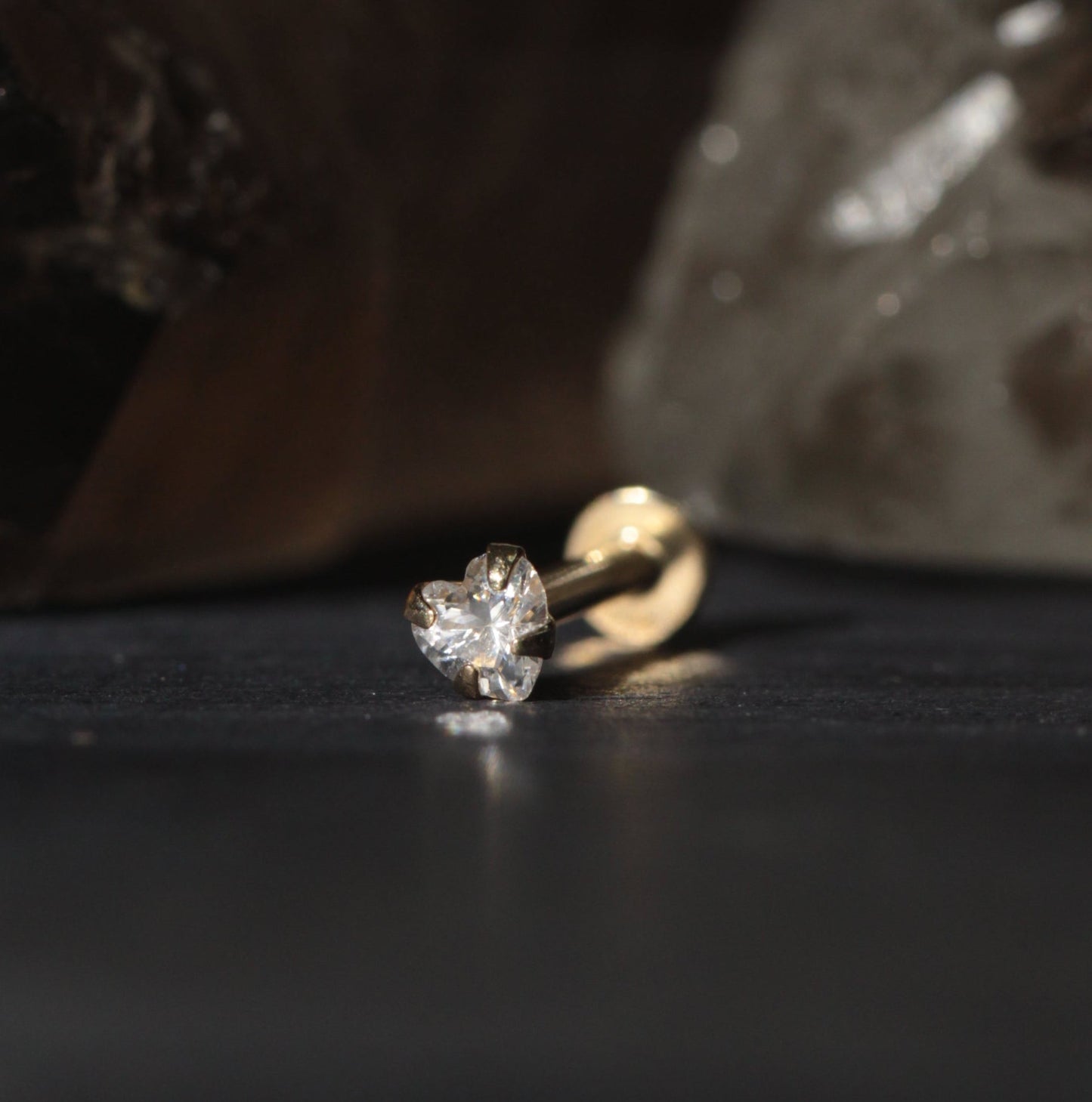 9K Gold Heart Cubic Zirconia Stone Top Threadless Push-Fit Stud - Monster Piercing