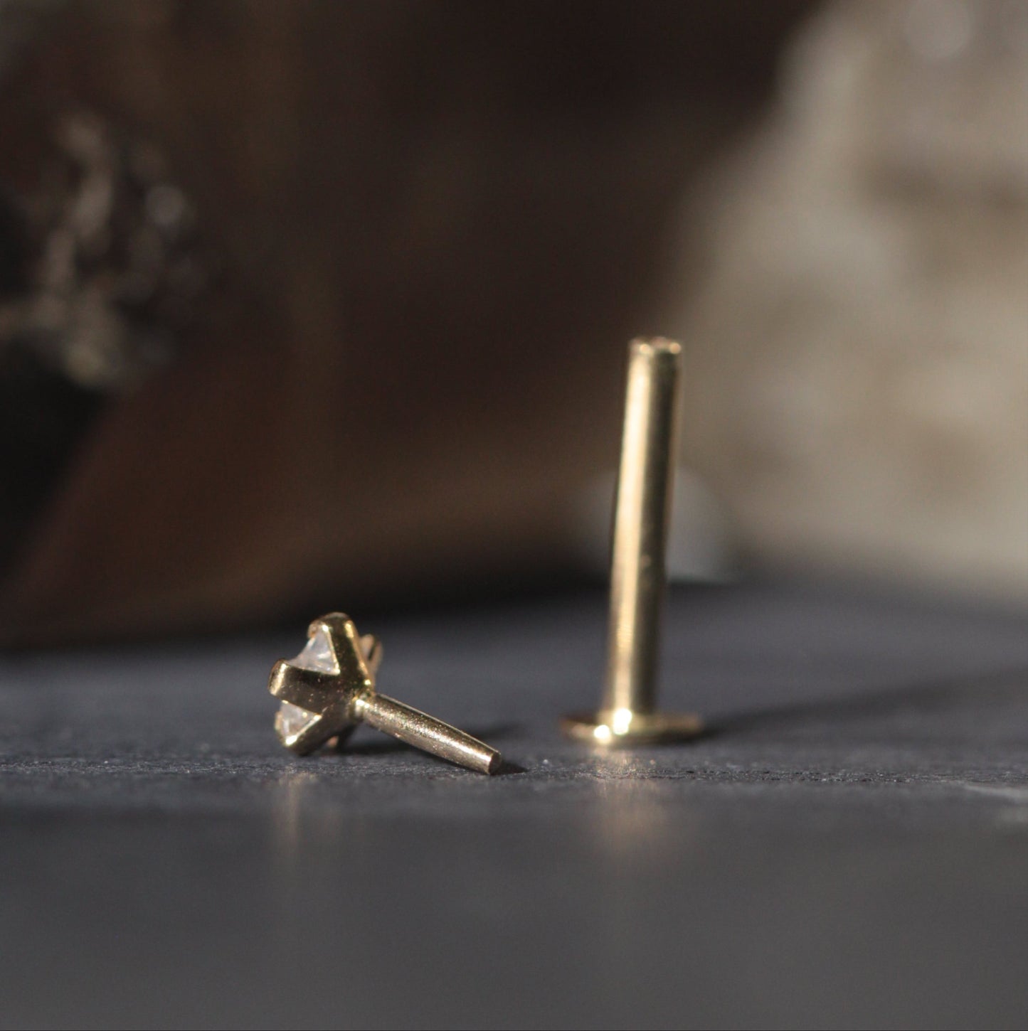 14K Gold Internal Lip Labret with Star Cubic Zirconia Push Fit Top - Monster Piercing