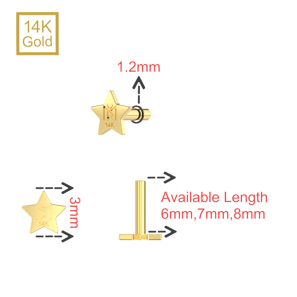 14K Gold Internal Thread Star Back Labret Bar - Monster Piercing