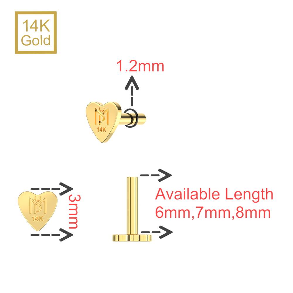 14K Gold Internal Thread Heart Back Labret Bar - Monster Piercing