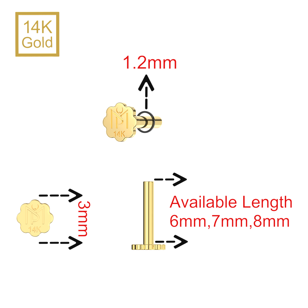 14K Gold Internal Thread Flower Back Labret Bar - Monster Piercing