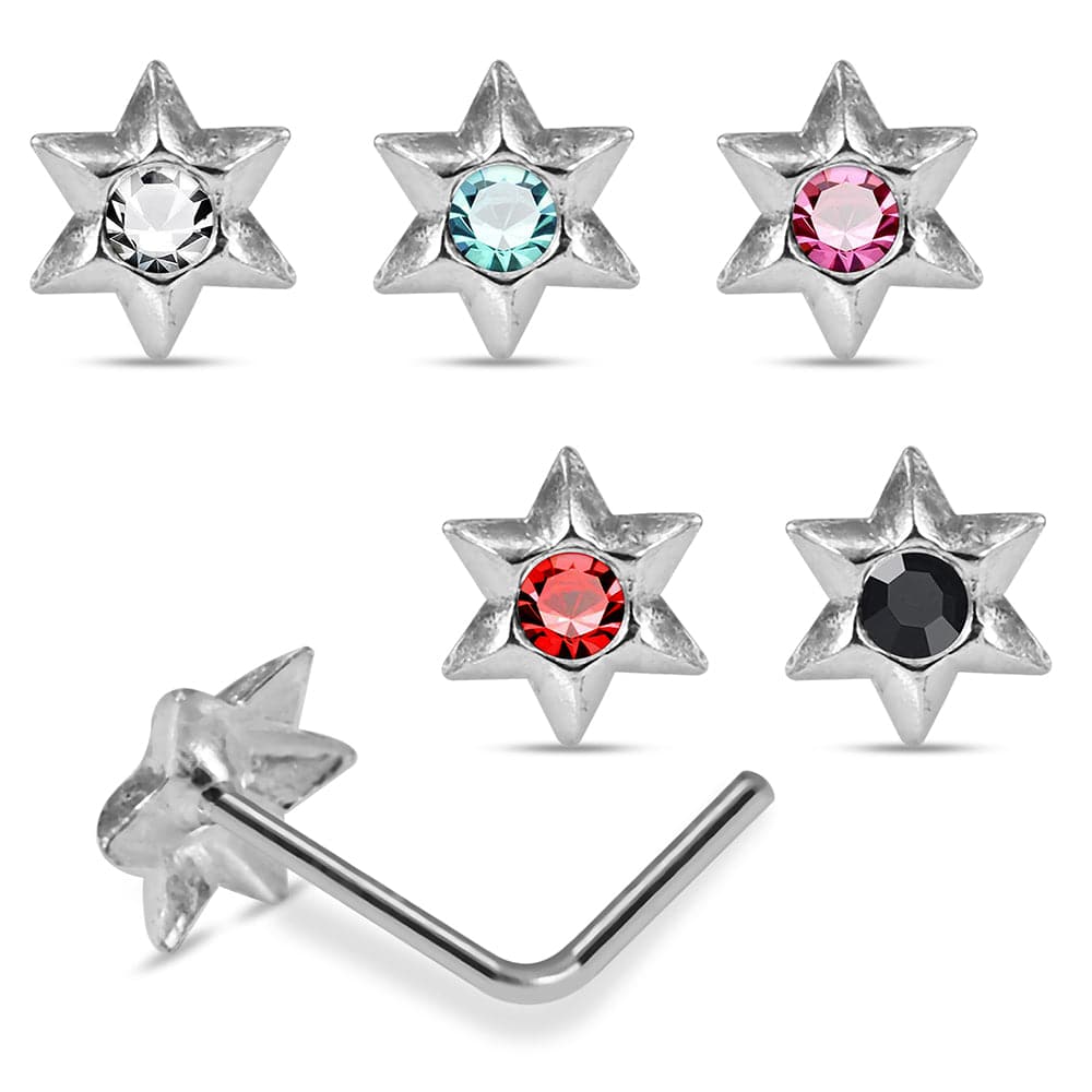 925 Sterling Silver 5pcs Jewelled Star L-Bend Nose Stud Box - Monster Piercing