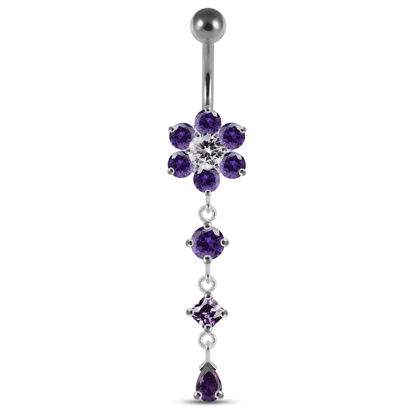 925 Sterling Silver Dangling Jewelled Flower Belly Bar - Monster Piercing