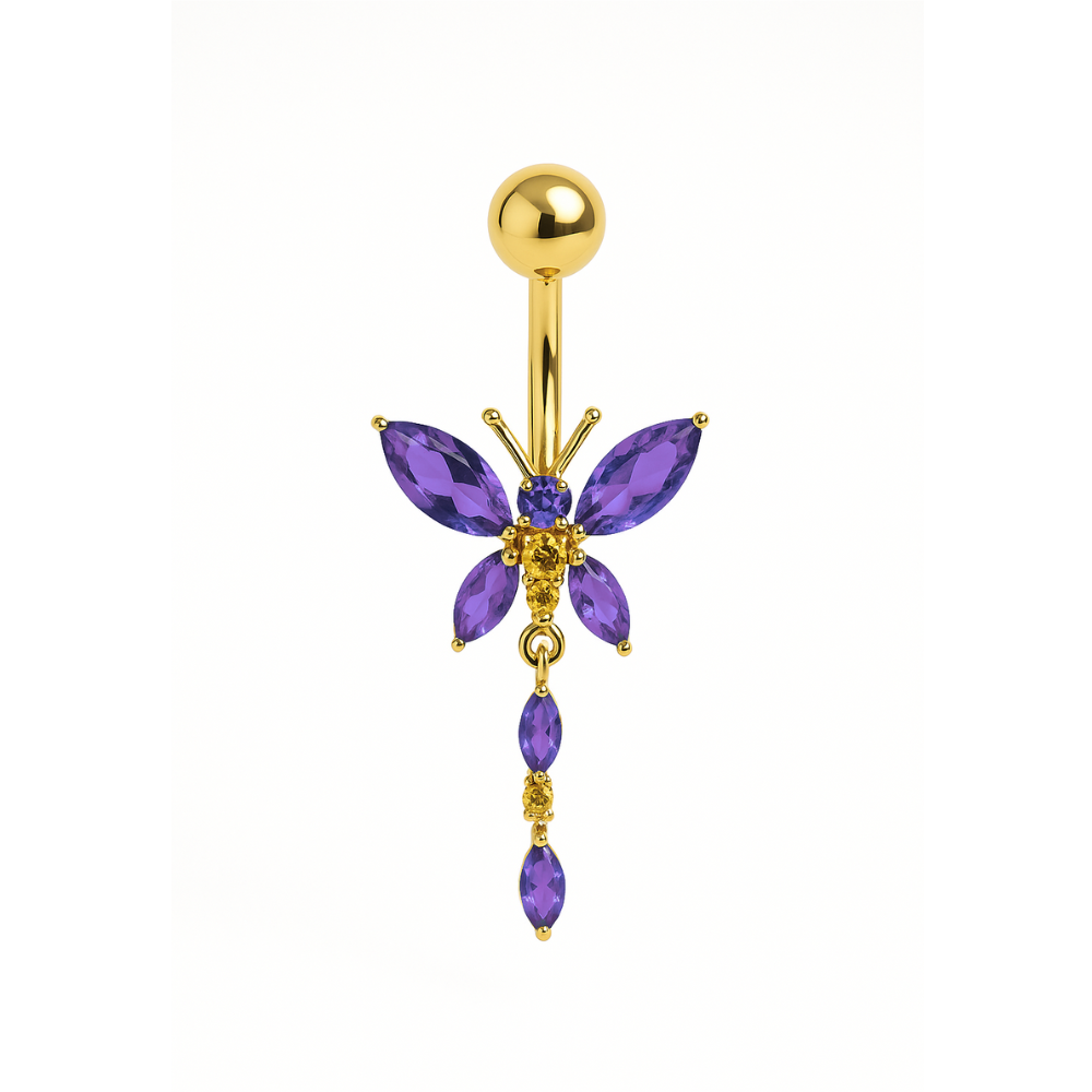 925 Silver Heart Belly Ring in gold-plated sterling silver with purple CZ butterfly charm. Elegant dangling belly piercing for body jewelry lovers.