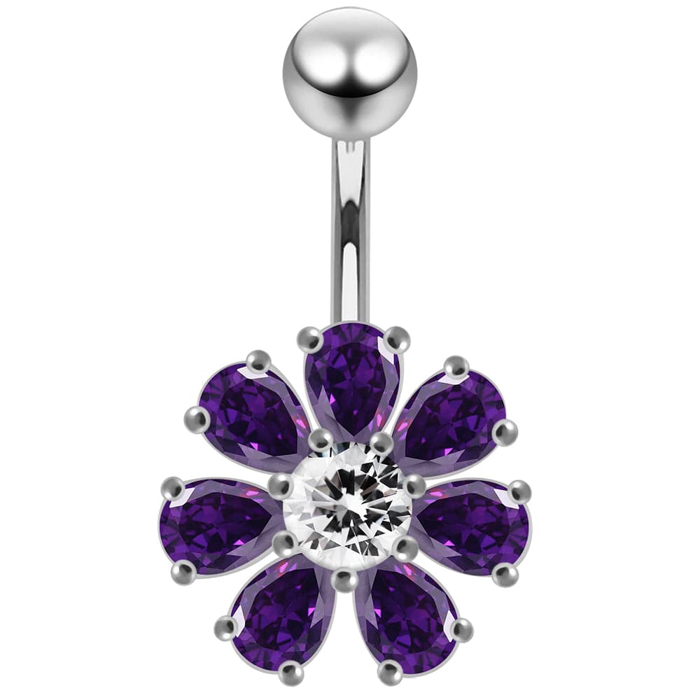925 Sterling Silver Jewelled Flower navel belly Bar - Monster Piercing