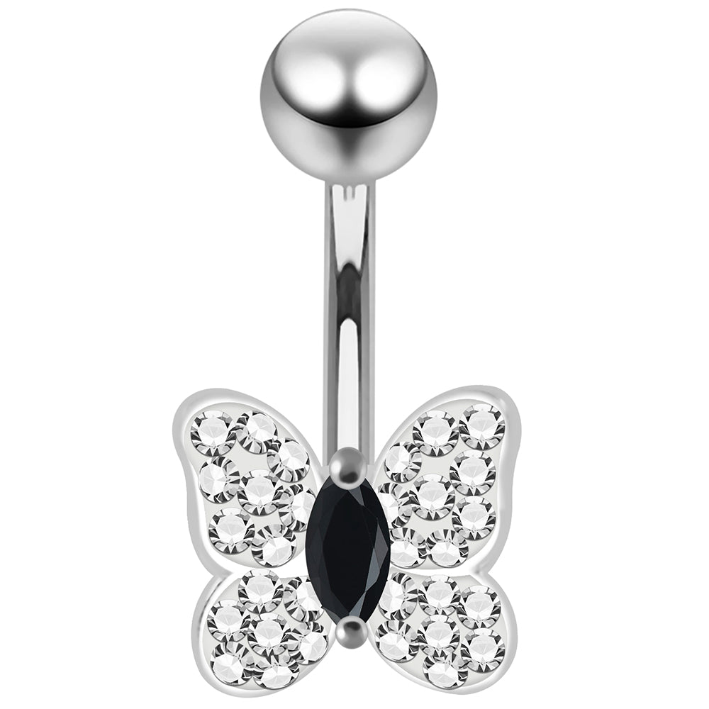 925 Sterling Silver CZ Jewelled Butterfly Non Dangle Belly Button Ring - Monster Piercing
