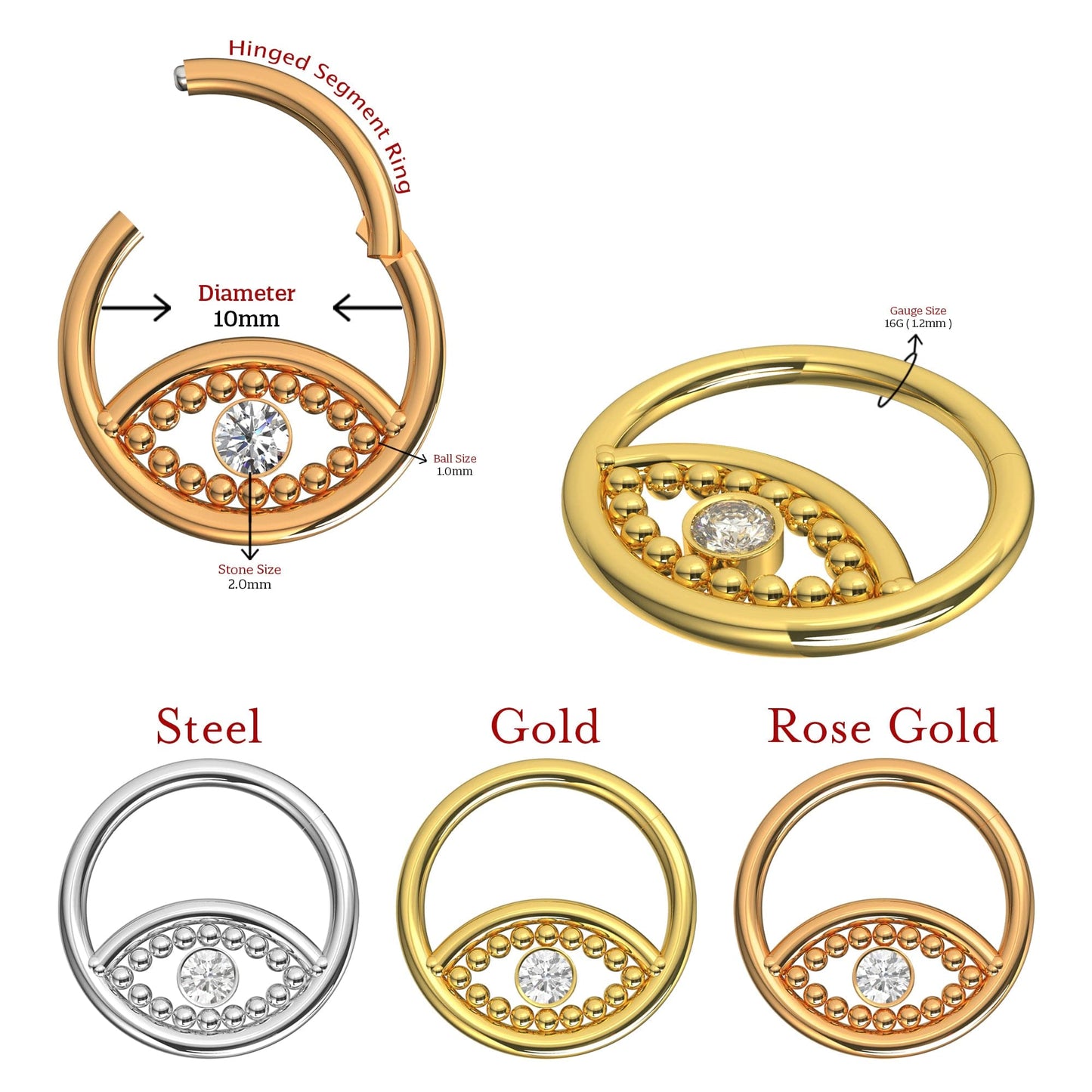 316L Surgical Steel Cubic Zirconia Jewelled Eye Hinged Segment Clicker Ring - Monster Piercing