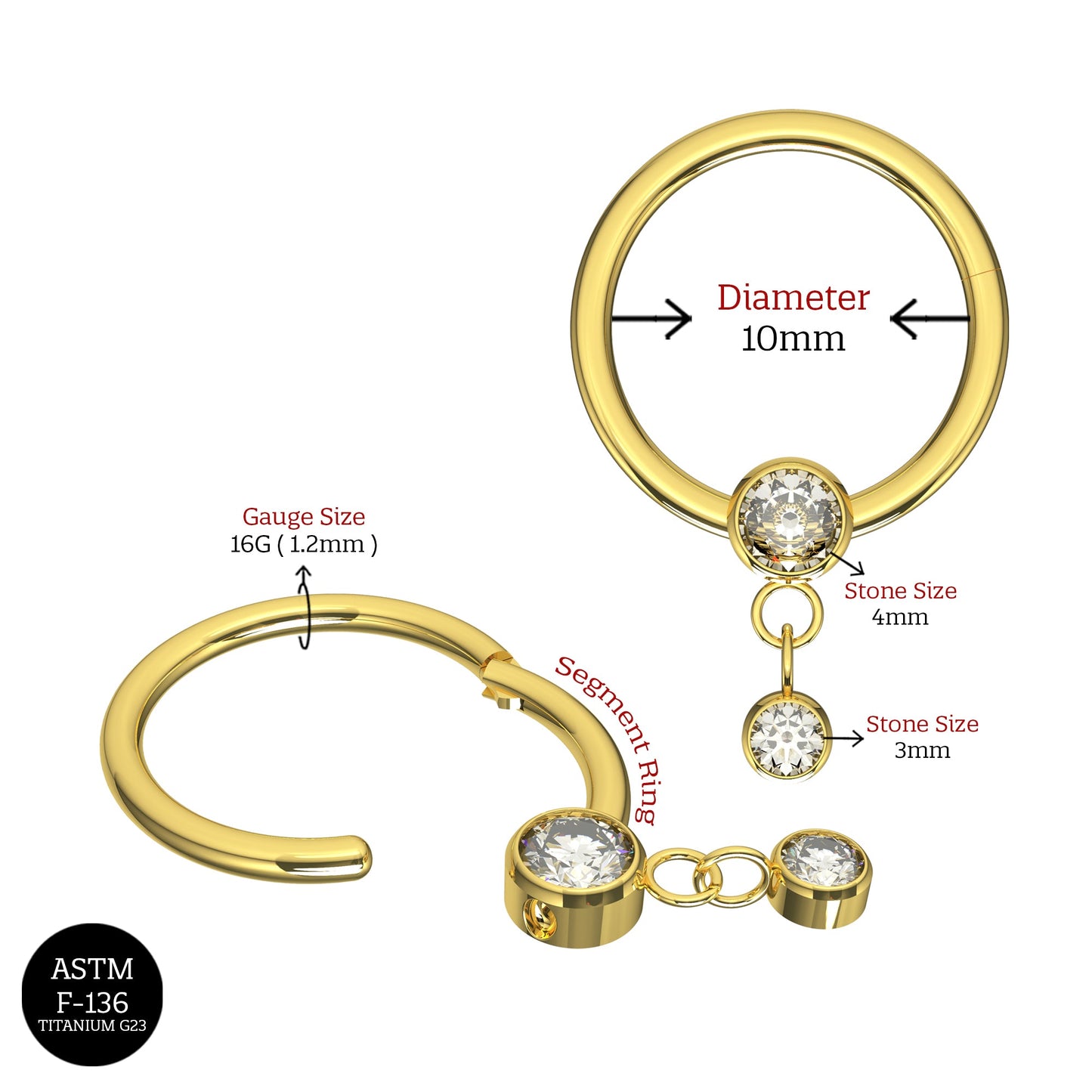 G23 Titanium Dangling CZ Jewelled Hinged Segment Clicker Ring - Monster Piercing