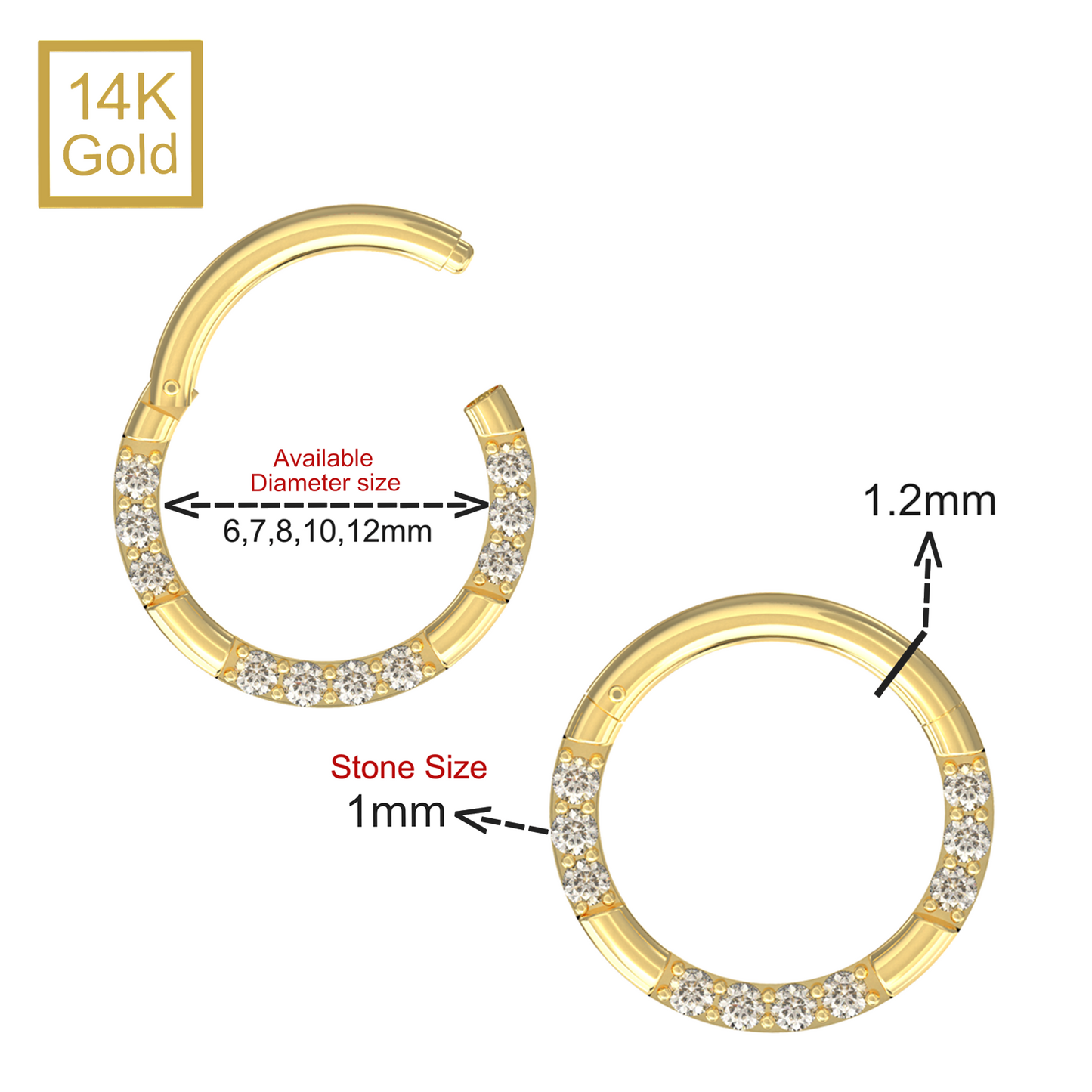 14K Gold Hinged Elegant Multi CZ Pave Segment Clicker Ring - Monster Piercing