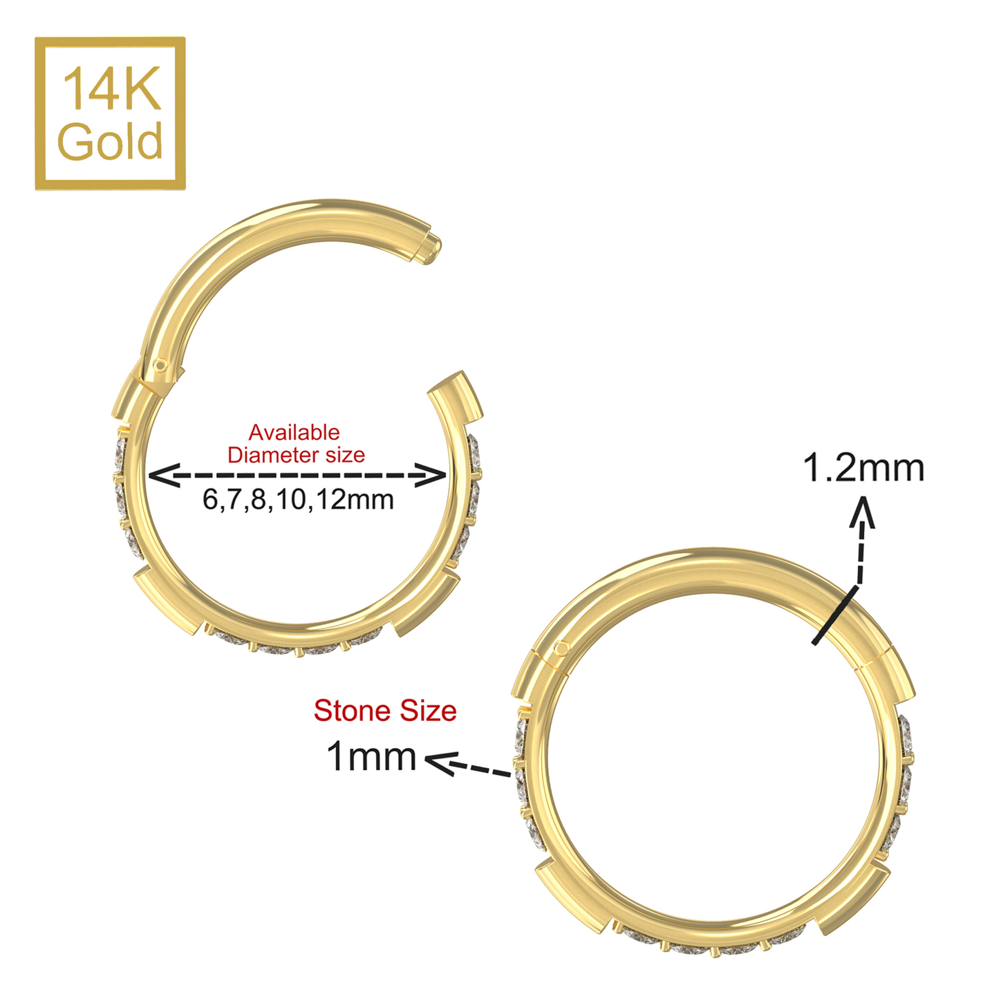 14K Gold Hinged Multi CZ On Grooved Sides Segment Clicker Ring - Monster Piercing