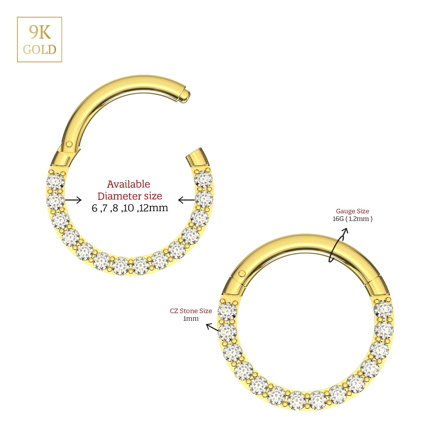 9K Gold Continuous Cubic Zirconia Hinged Segment Clicker Ring - Monster Piercing