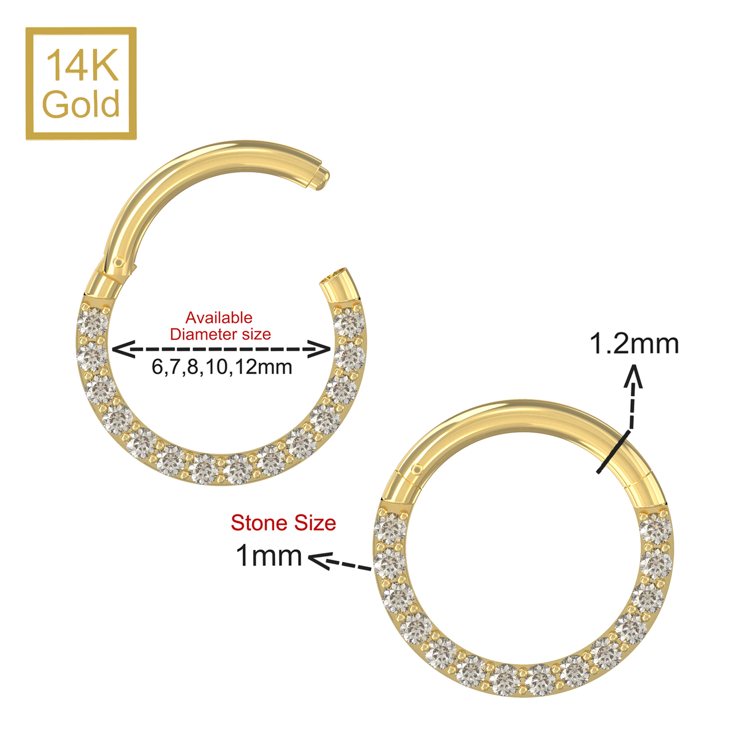 14K Gold Continuous CZ Jewelled Segment Clicker Ring - Monster Piercing
