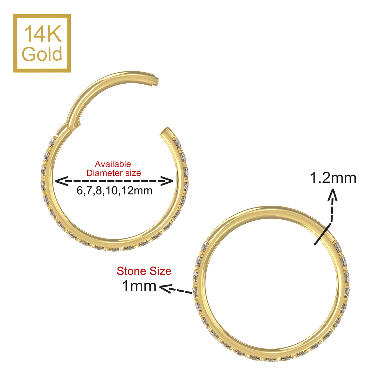 14K Gold Pave CZ Jewelled Segment Clicker Ring - Monster Piercing