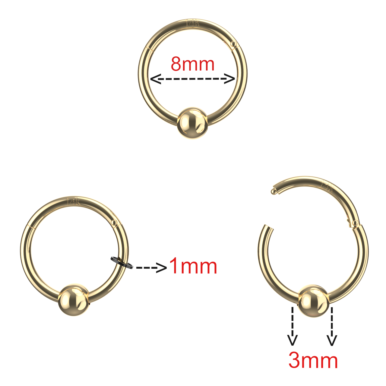 14K Gold Hinged Segment Clicker Ring with Plain Ball - Monster Piercing