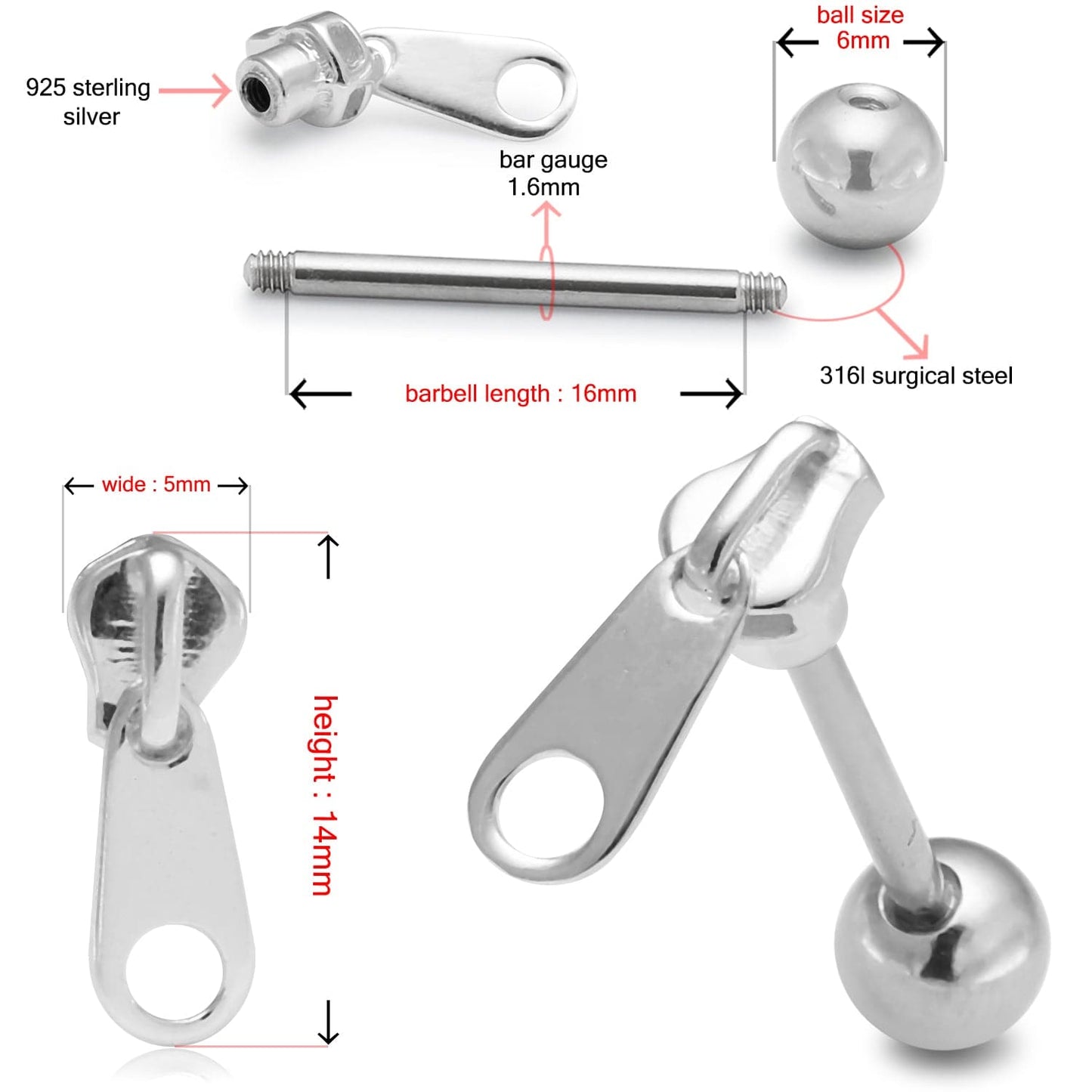 925 Sterling Silver Zipper Tongue Ring - Monster Piercing