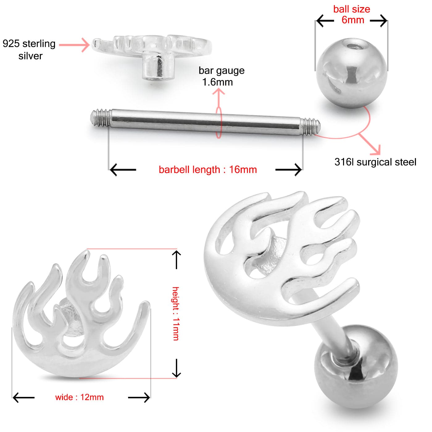 925 Sterling Silver Flames Tongue Ring - Monster Piercing