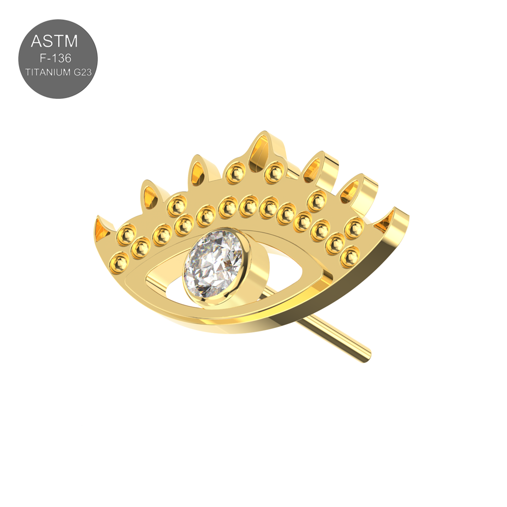 Titanium G23 evil eye threadless push-fit top with CZ stone in gold PVD finish