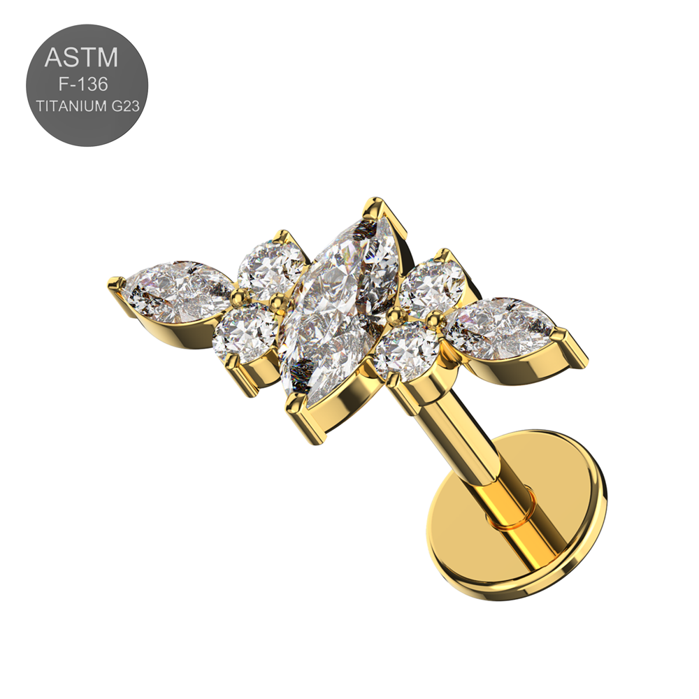 G23 Titanium CZ Jewelled Wings Design Thread-less Push-Fit With Flatback Stud - Monster Piercing