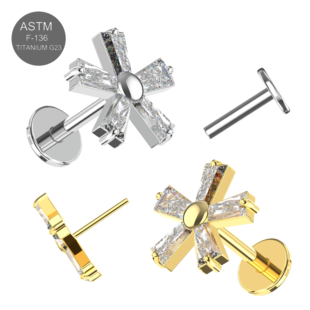 G23 Grade Titanium CZ Jewelled Five Petal Flowery In Tapered Baguette Design Thread-less Push-Fit With Flat-Back - Monster Piercing