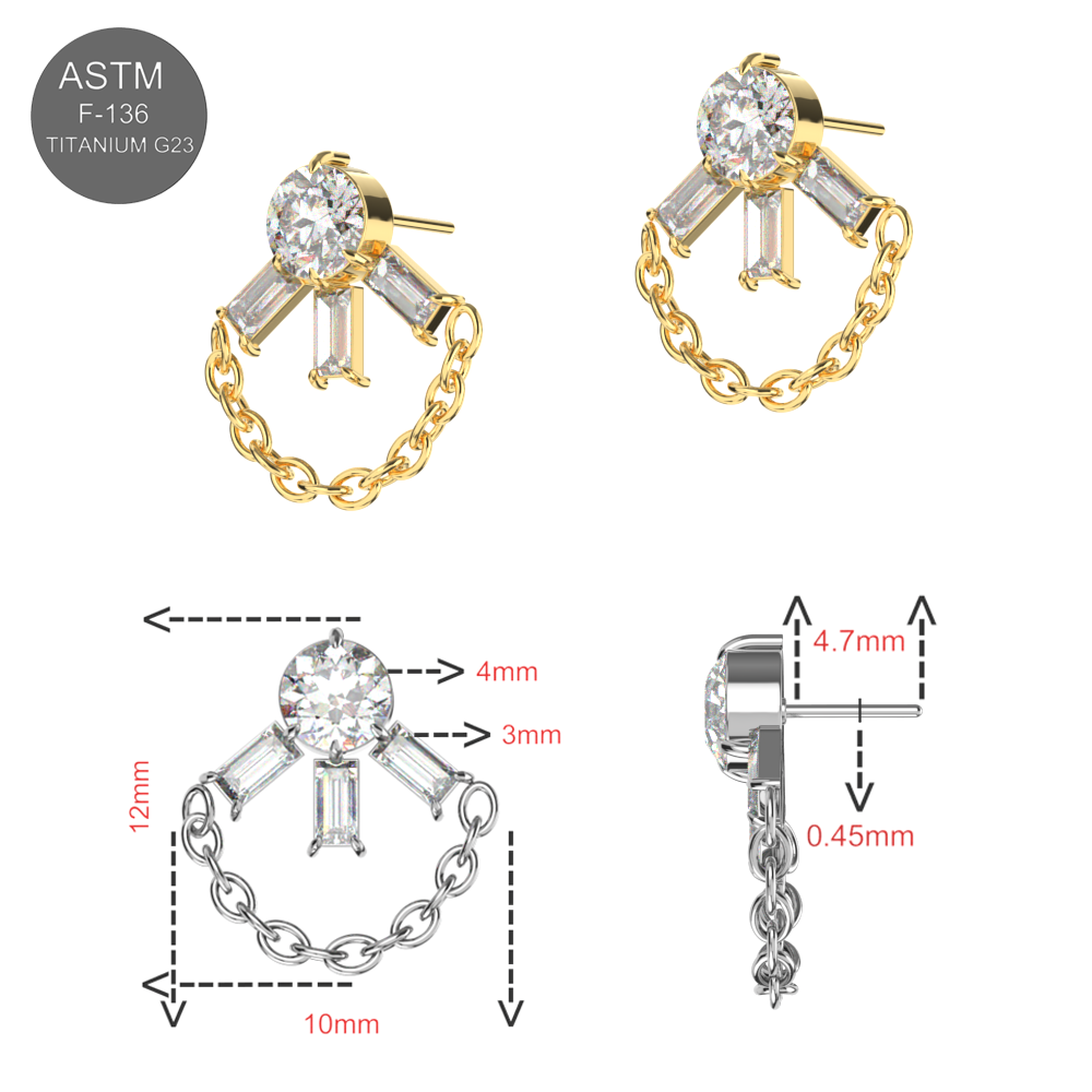 G23 Titanium CZ Jewelled with Chain Fancy Design Thread-less Push-Fit Top - Monster Piercing
