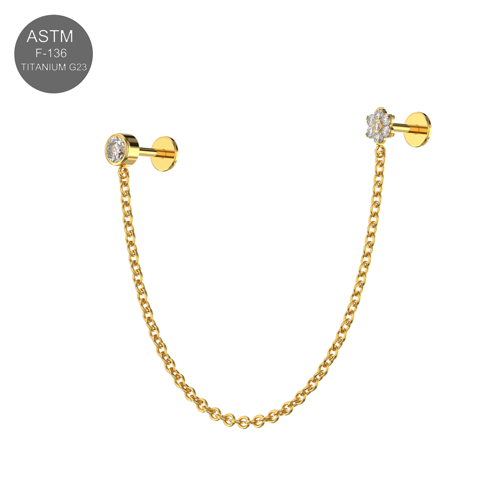 G23 Titanium CZ Round and Flower Double Stud with Chain Fancy Design Thread-less Push-Fit With Flatback Stud - Monster Piercing