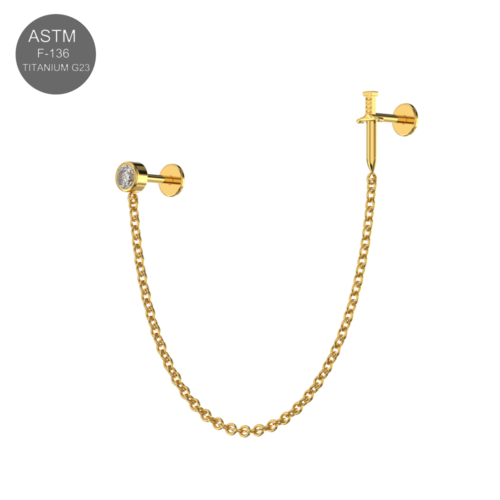 G23 Titanium CZ Round and Dagger Double Stud with Chain Fancy Design Thread-less Push-Fit With Flatback Stud - Monster Piercing