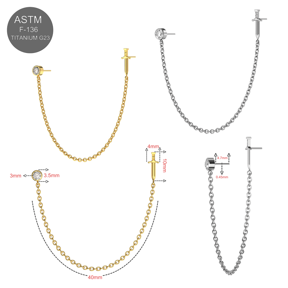 G23 Titanium CZ Round and Dagger Double Stud with Chain Fancy Design Thread-less Push-Fit Top - Monster Piercing