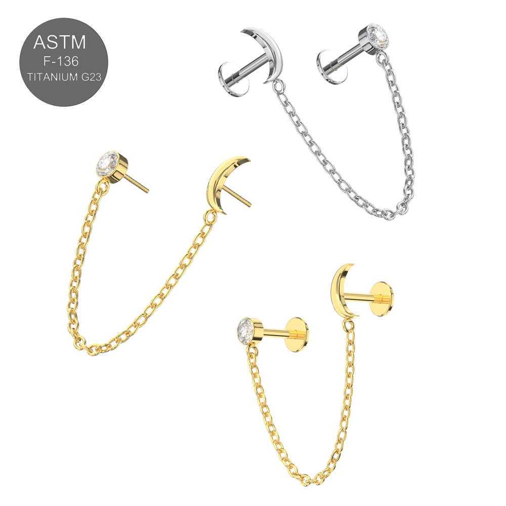 G23 Titanium Embellished Moon Connector Chain Thread-less Push-Fit With Flatback Stud - Monster Piercing